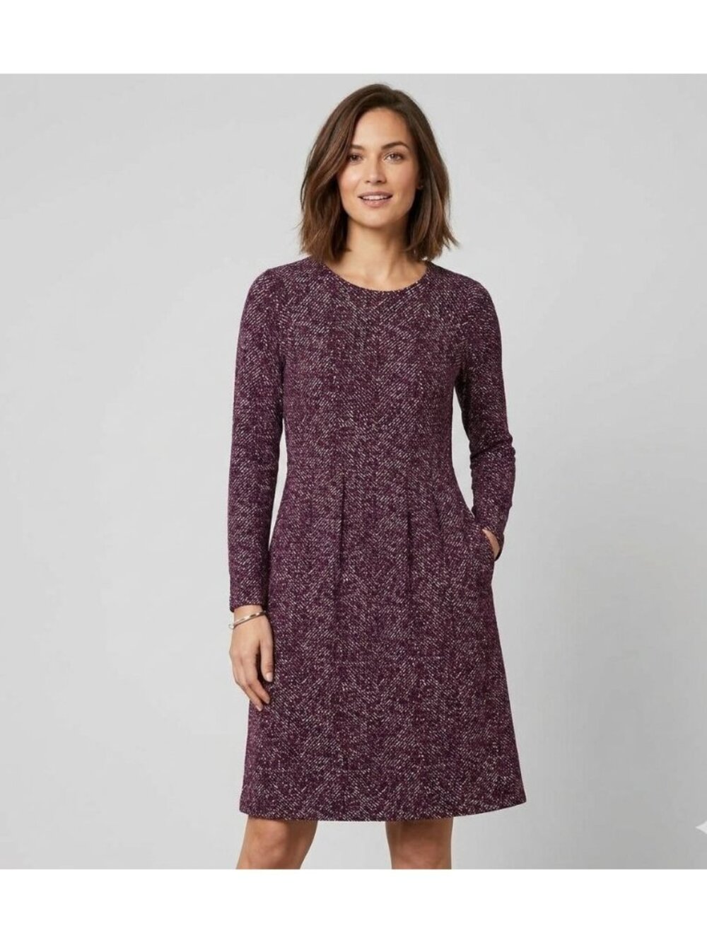 J. Jill Dress Size Medium Sheath Purple White Long-Sleeve Midi Scoop Neck